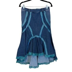 Gizia Denim Mermaid Skirt Blue Size 36 4 Y2K Studded Lace Trim Eclectic Luxury